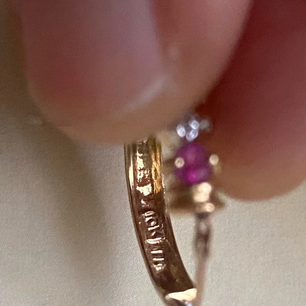 Exquisite Solid 10K Gold 2~Tiny Natural Diamonds & 3pink gemstones Hoop Earrings - Picture 7 of 9